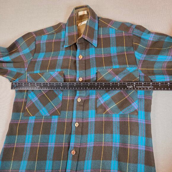 Vintage 70s Gordon Pine Scott Sears Flannel Shirt Brown Blue Plaid Small - Picture 8 of 9